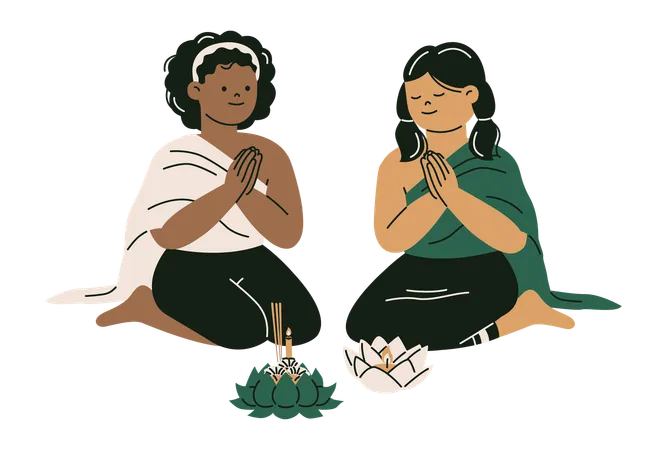 Pareja de lesbianas vestidas con trajes tradicionales para el festival Loy Krathong  Ilustración