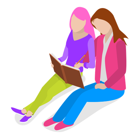 Pareja de lesbianas sentadas juntas y leyendo libros  Ilustración