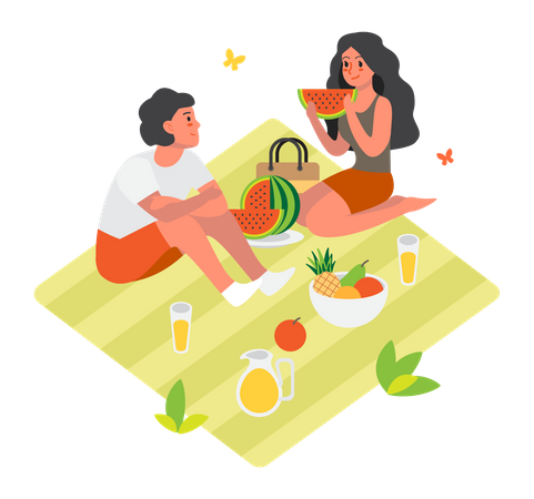 Pareja, en, picnic  Ilustración