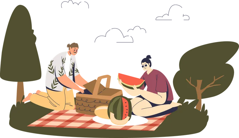 Pareja de picnic en el parque  Ilustración