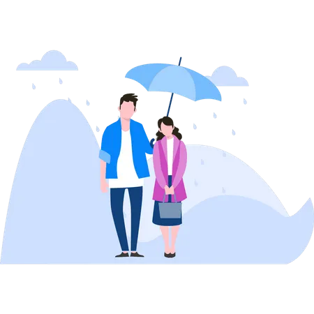 Pareja de pie bajo el paraguas bajo la lluvia  Ilustración