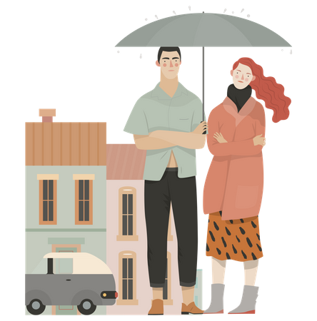 Pareja de pie bajo la lluvia sosteniendo un paraguas  Ilustración