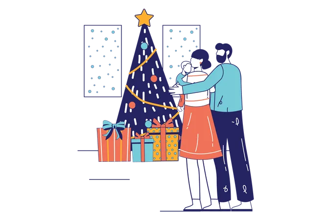 Pareja de pie cerca del árbol de Navidad  Ilustración