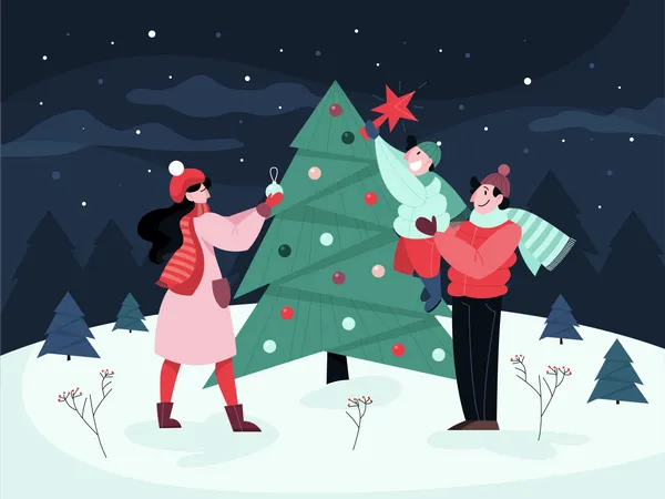 Pareja de pie cerca del árbol de Navidad  Ilustración
