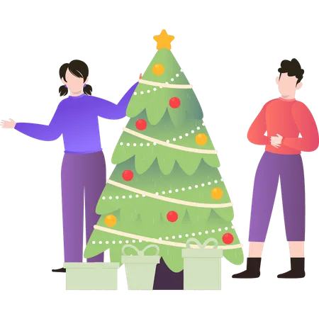 Pareja de pie junto al árbol de Navidad  Ilustración