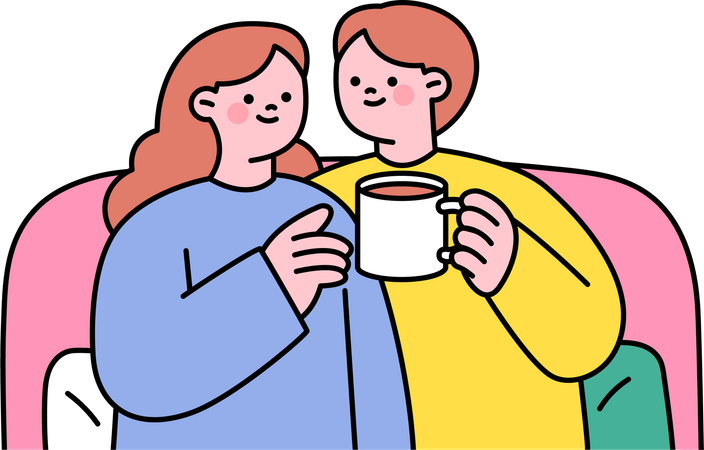 La pareja de recién casados bebe café juntos  Ilustración