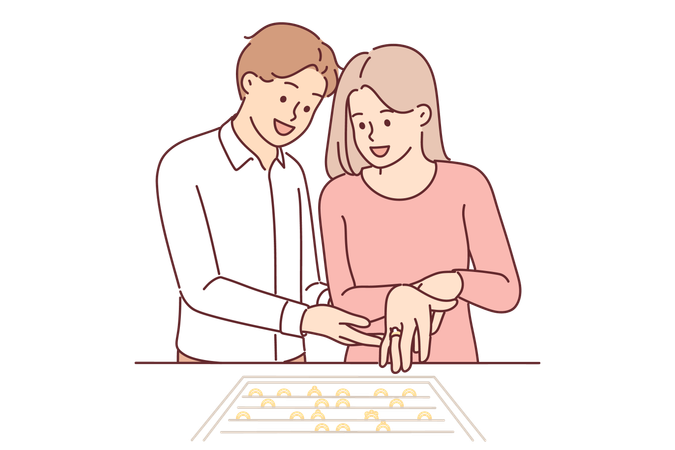 Una pareja de recién casados elige un anillo de compromiso en una joyería  Ilustración