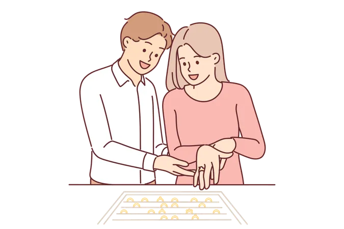 Una pareja de recién casados elige un anillo de compromiso en una joyería  Ilustración