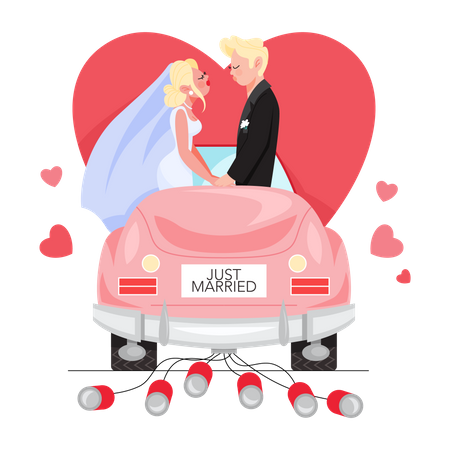Pareja de recién casados en coche  Ilustración