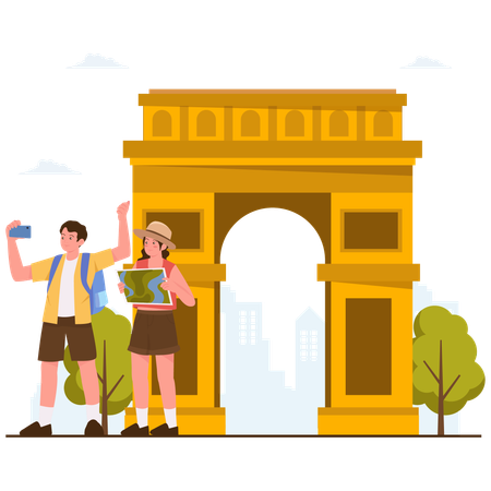 Pareja de turistas haciendo turismo  Ilustración
