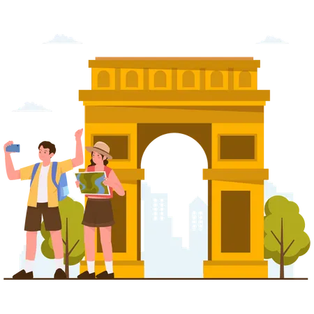 Pareja de turistas haciendo turismo  Ilustración