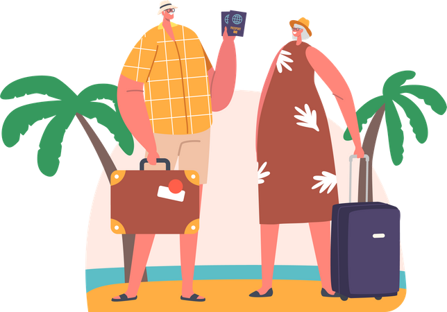 Pareja de turistas mayores visitando un país exótico  Ilustración