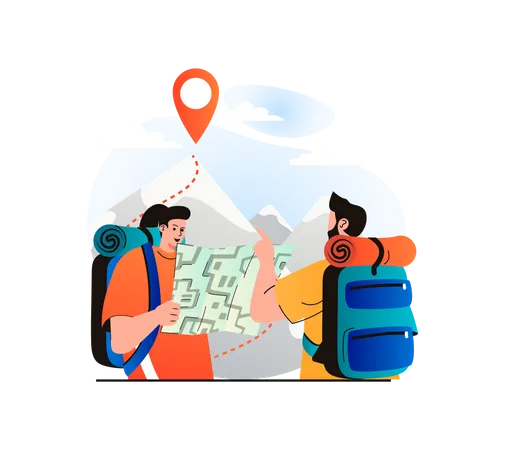 Pareja de turistas obteniendo direcciones a través del mapa  Ilustración