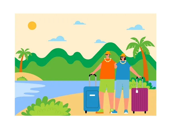 Pareja de turistas viajando a una isla tropical  Ilustración