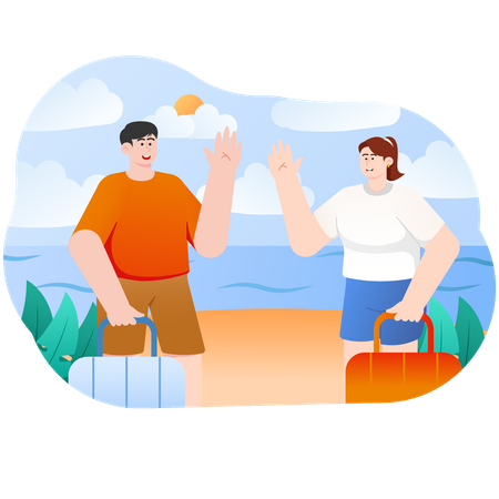 Pareja de vacaciones en la playa en verano  Ilustración