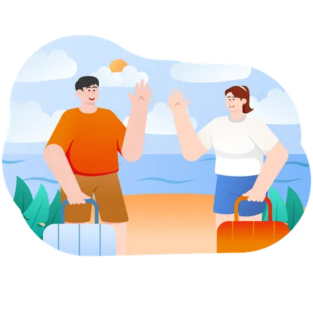 Pareja de vacaciones en la playa en verano  Ilustración