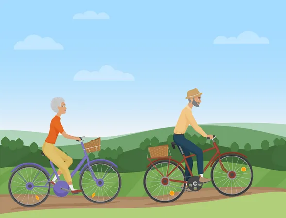 Pareja de ancianos andando en bicicleta en el parque  Ilustración
