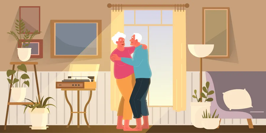 Pareja de ancianos bailan juntos  Ilustración