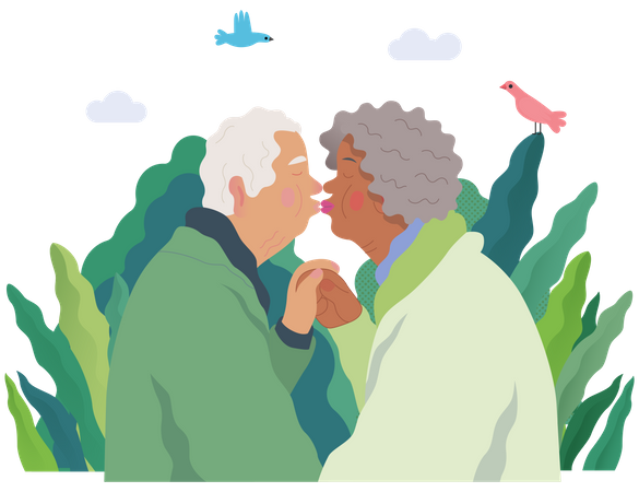 Pareja de ancianos besándose en los labios  Ilustración