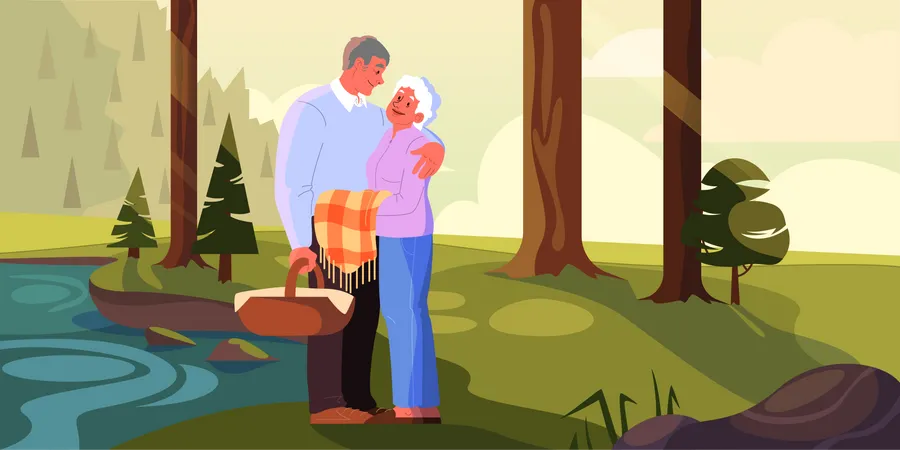 Pareja de ancianos en picnic  Ilustración
