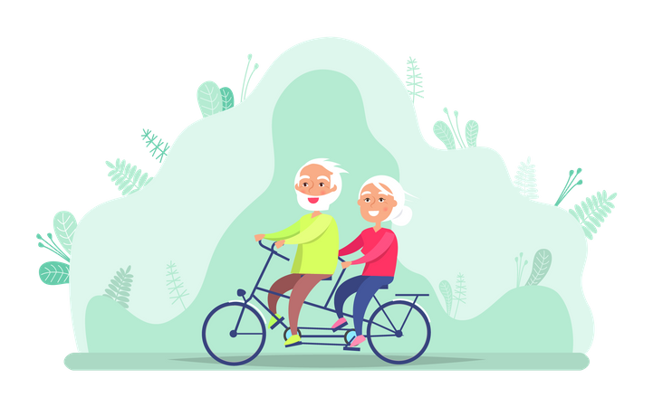 Pareja de ancianos montando en bicicleta  Ilustración