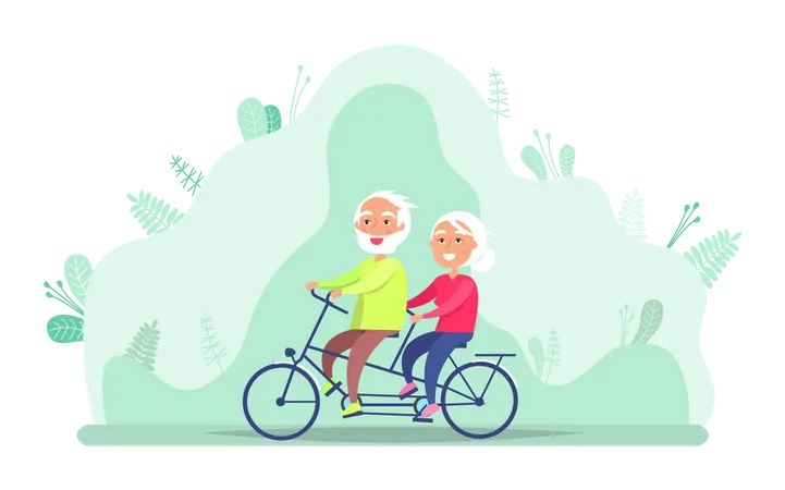 Pareja de ancianos montando en bicicleta  Ilustración