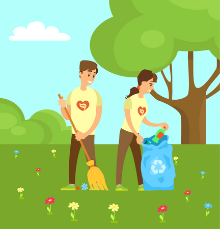 Par de voluntarios recogiendo basura  Ilustración