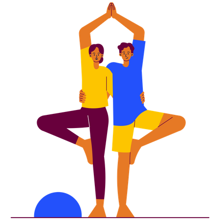 Pareja de yoga con pose de árbol doble  Ilustración