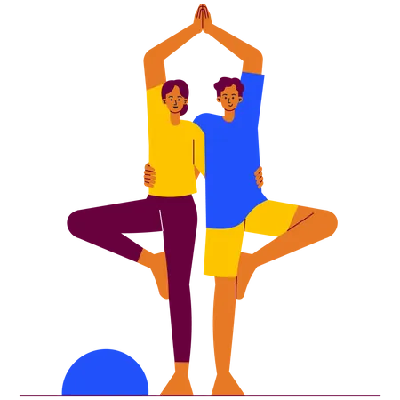 Pareja de yoga con pose de árbol doble  Ilustración