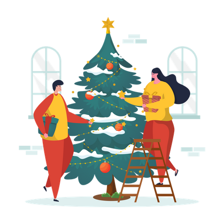 Pareja decorando el árbol de navidad  Ilustración