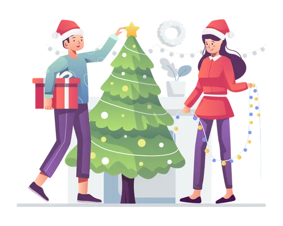 Pareja decorando el árbol de navidad  Ilustración