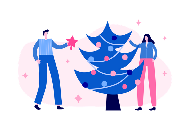 Pareja decorando el árbol de navidad  Ilustración