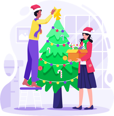 Pareja decorando el árbol de Navidad juntos en casa  Ilustración