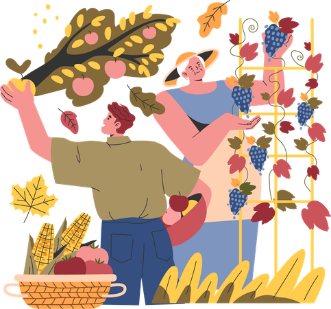 Pareja decorando su casa para la temporada de otoño  Illustration