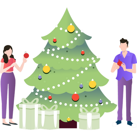 Pareja decorar árbol de navidad  Ilustración