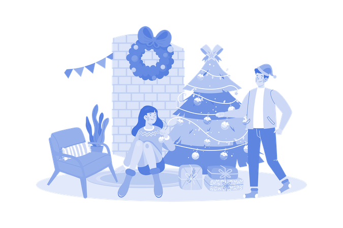 Pareja decorando árbol de Navidad juntos  Ilustración