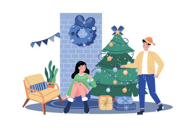 Pareja decorando árbol de Navidad juntos  Ilustración