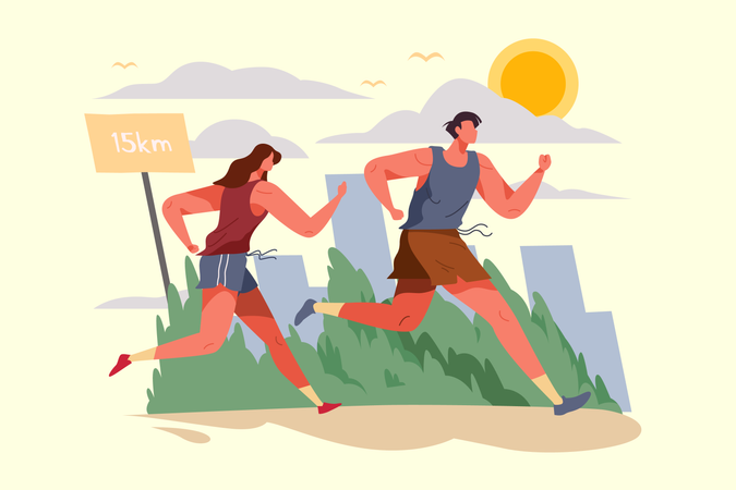 Pareja deportiva corriendo juntos por la noche para lograr objetivos de salud  Ilustración