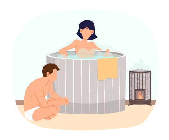Pareja descansando juntos en la sauna  Ilustración