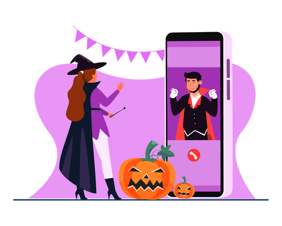 Pareja deseando Halloween a través de videollamada a través de un teléfono inteligente  Ilustración