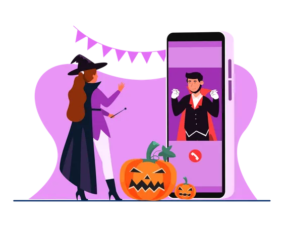 Pareja deseando Halloween a través de videollamada a través de un teléfono inteligente  Ilustración