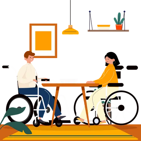 Pareja discapacitada sentada en silla de ruedas cenando  Ilustración