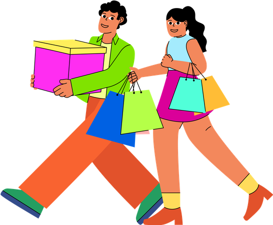 La pareja disfruta juntos de una vibrante experiencia de compras y lleva bolsas y una gran caja de regalo  Ilustración