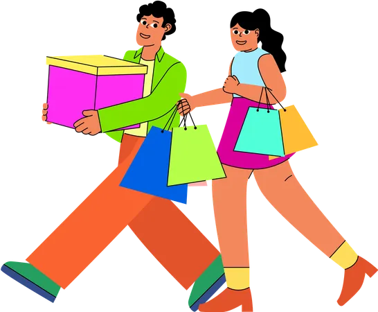 La pareja disfruta juntos de una vibrante experiencia de compras y lleva bolsas y una gran caja de regalo  Ilustración