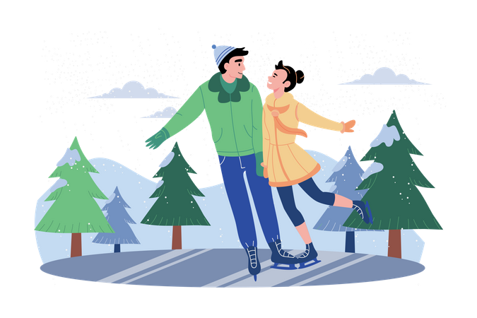 Pareja disfrutando del baile durante el patinaje sobre hielo  Ilustración