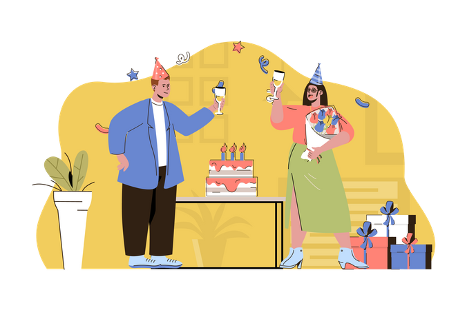 Pareja disfrutando de fiesta de cumpleaños  Ilustración