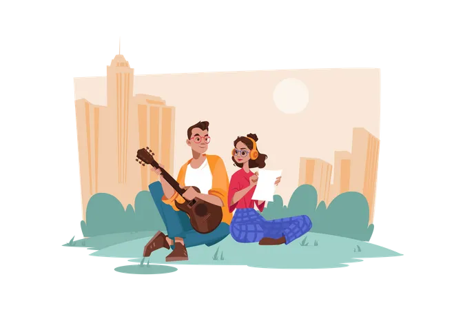 Pareja disfrutando de la música en el jardín.  Ilustración