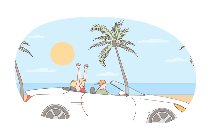 Pareja disfrutando de un paseo en coche en la playa  Ilustración