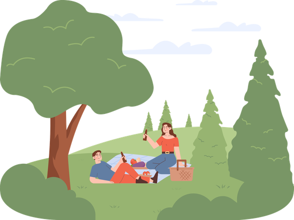 Pareja disfrutando de un picnic en el bosque  Ilustración