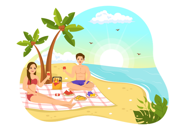 Pareja disfrutando de un picnic en la playa  Ilustración